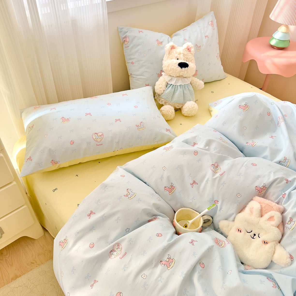 91家纺网 家纺一手货源 找家纺 DoDo 兜兜 2026春夏新款全棉纯棉可爱卡通四件套 草莓小马-蓝