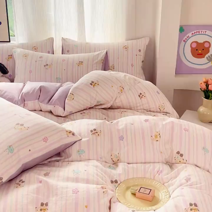 91家纺网 家纺一手货源 找家纺 斯卡诺家纺 2026新款春夏古法水洗仿棉云感纱四件套小布袋五件套 喵星人