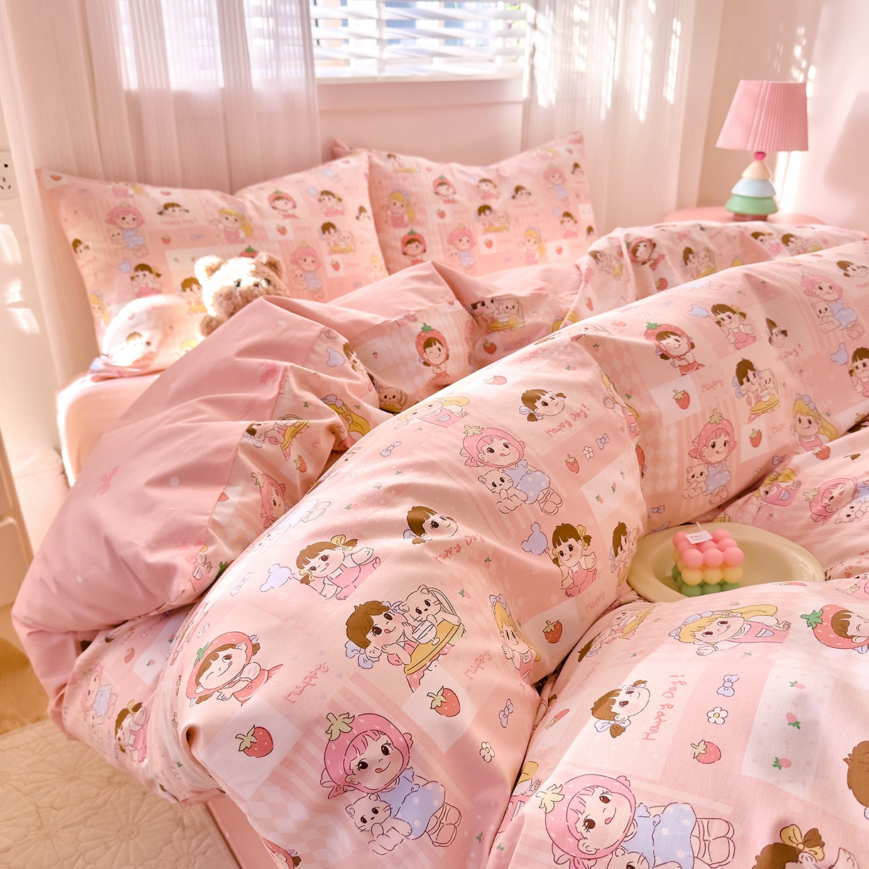 91家纺网 家纺一手货源 找家纺 DoDo 兜兜 2026春夏新款全棉纯棉可爱卡通四件套 棒棒糖女孩