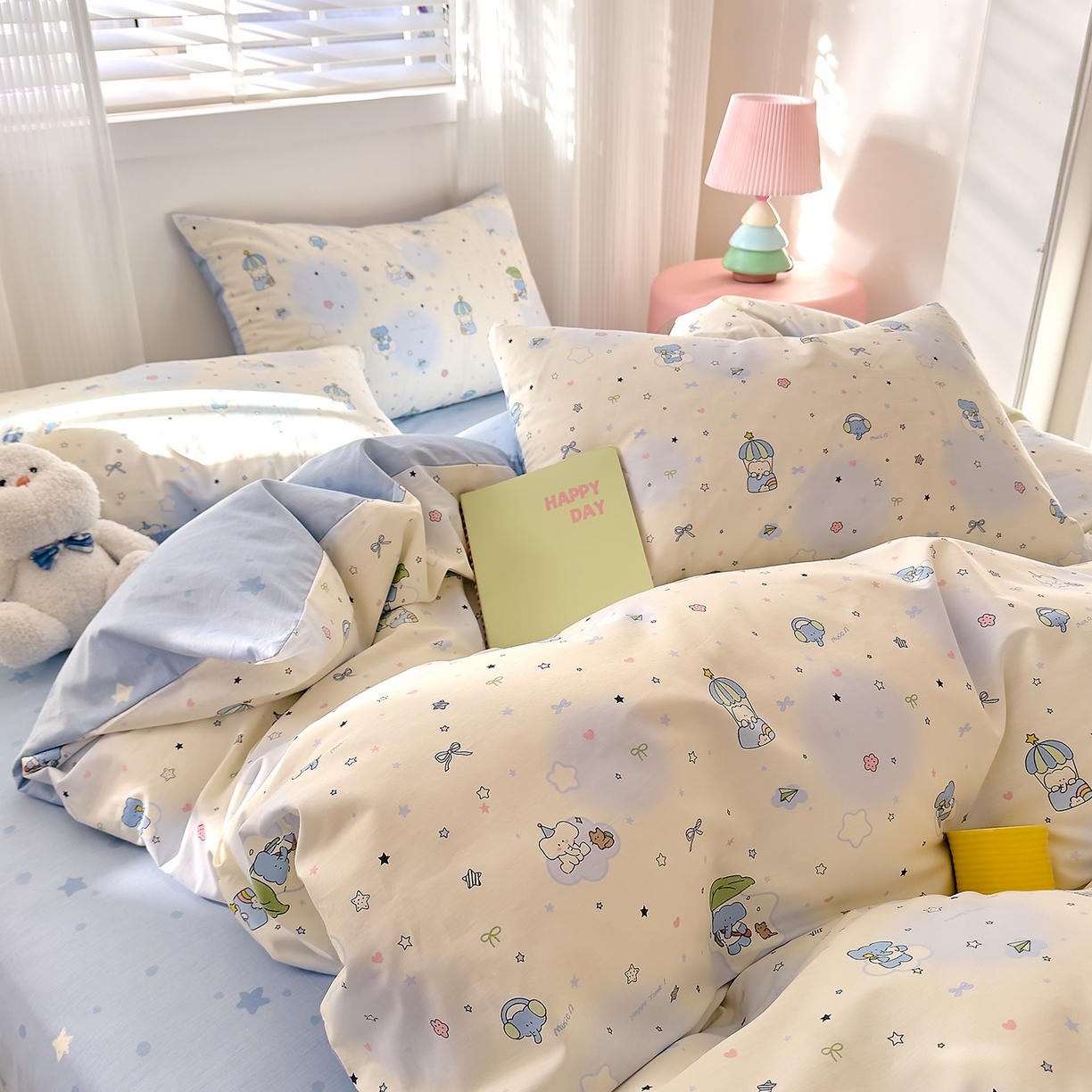 91家纺网 家纺一手货源 找家纺 DoDo 兜兜 2026春夏新款全棉纯棉可爱卡通四件套 蓝色小象