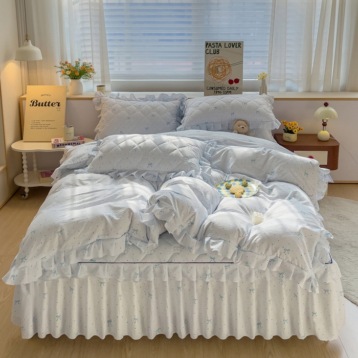 91家纺网 家纺一手货源 找家纺 优家居 2026新款精仿棉夹棉床裙三件套水洗棉韩版公主风花边床裙直播外贸定制 潘多拉-兰