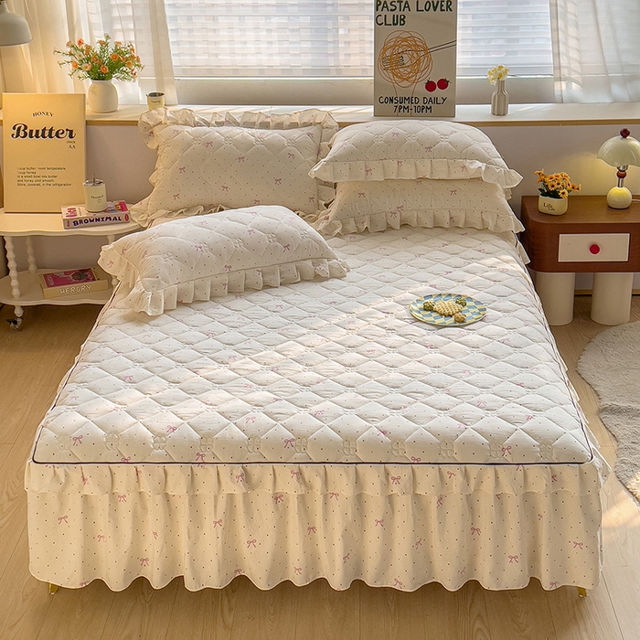 优家居 2026新款精仿棉夹棉床裙三件套水洗棉韩版公主风花边床裙直播外贸定制 潘多拉-米