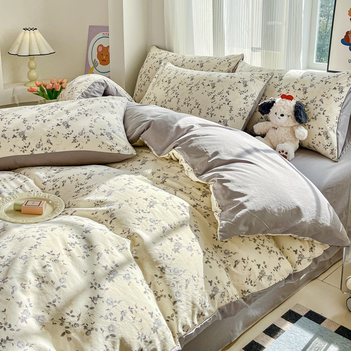 91家纺网 家纺一手货源 找家纺 斯卡诺家纺 2026新款春夏古法水洗仿棉云感纱四件套小布袋五件套 南枝