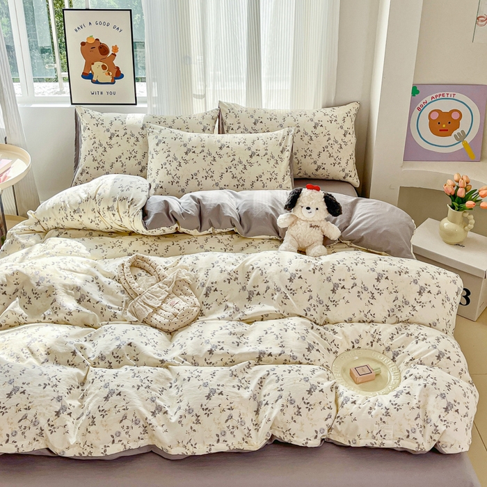 91家纺网 家纺一手货源 找家纺 斯卡诺家纺 2026新款春夏古法水洗仿棉云感纱四件套小布袋五件套 南枝