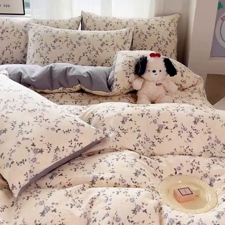 91家纺网 家纺一手货源 找家纺 斯卡诺家纺 2026新款春夏古法水洗仿棉云感纱四件套小布袋五件套 南枝