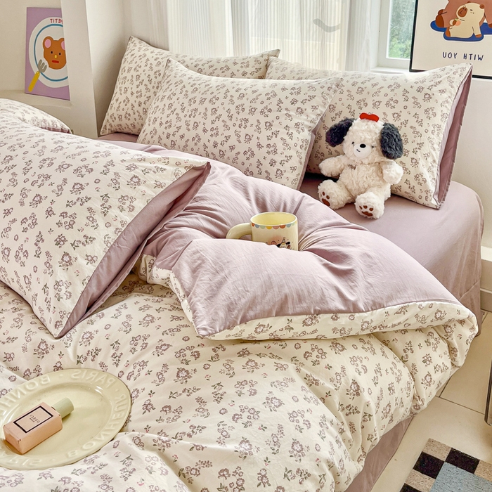 91家纺网 家纺一手货源 找家纺 斯卡诺家纺 2026新款春夏古法水洗仿棉云感纱四件套小布袋五件套 清雅