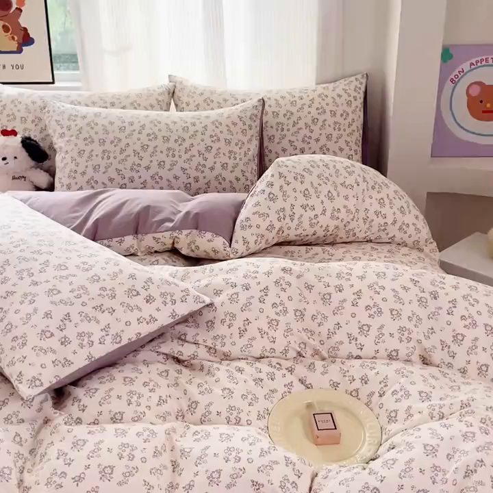 91家纺网 家纺一手货源 找家纺 斯卡诺家纺 2026新款春夏古法水洗仿棉云感纱四件套小布袋五件套 清雅