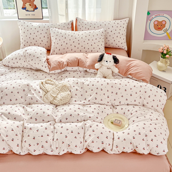 91家纺网 家纺一手货源 找家纺 斯卡诺家纺 2026新款春夏古法水洗仿棉云感纱四件套小布袋五件套 樱桃