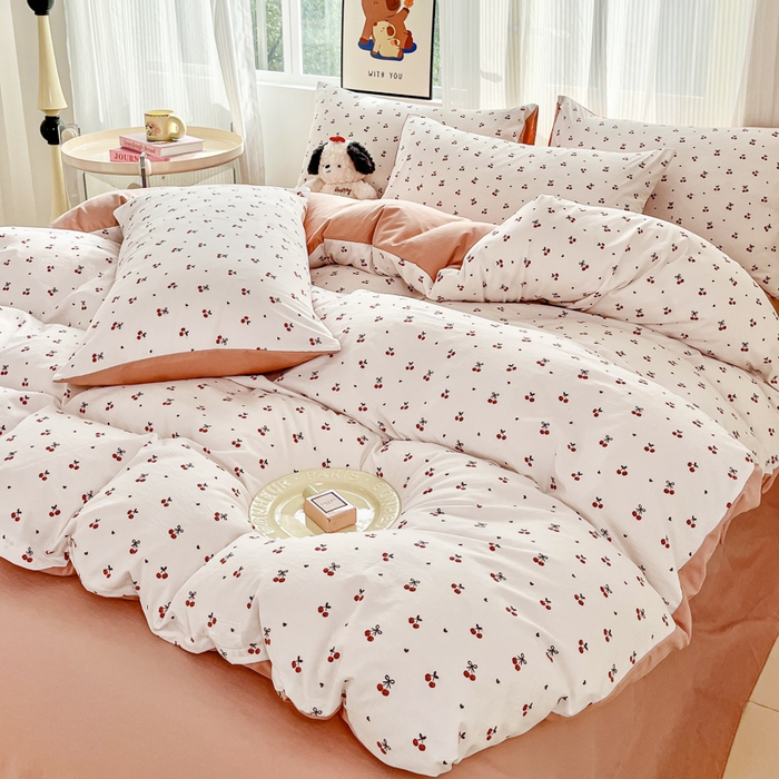 91家纺网 家纺一手货源 找家纺 斯卡诺家纺 2026新款春夏古法水洗仿棉云感纱四件套小布袋五件套 樱桃