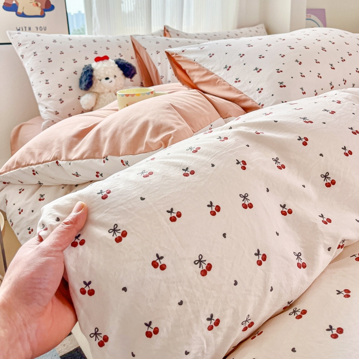 斯卡诺家纺 2026新款春夏古法水洗仿棉云感纱四件套小布袋五件套 樱桃