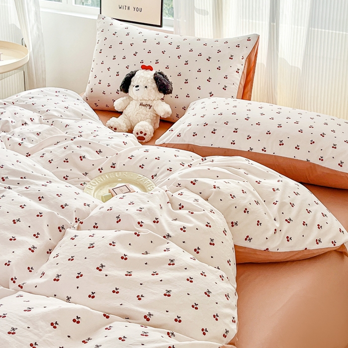 91家纺网 家纺一手货源 找家纺 斯卡诺家纺 2026新款春夏古法水洗仿棉云感纱四件套小布袋五件套 樱桃