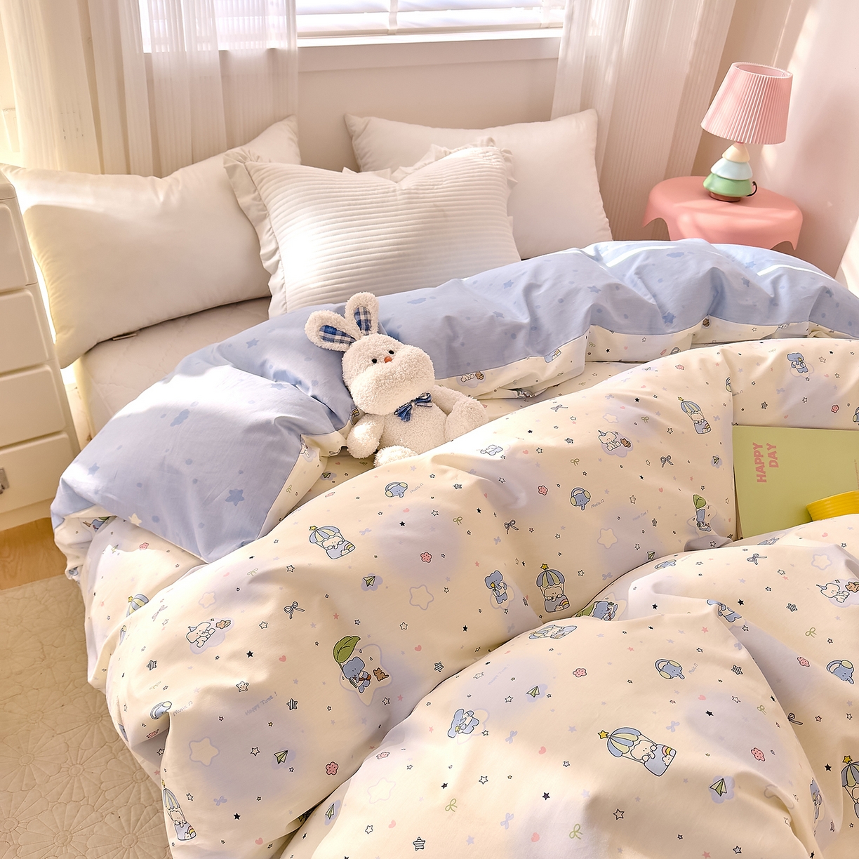 91家纺网 家纺一手货源 找家纺 DoDo 兜兜 2026年全棉纯棉可爱卡通单被套 被套单件 蓝色小象