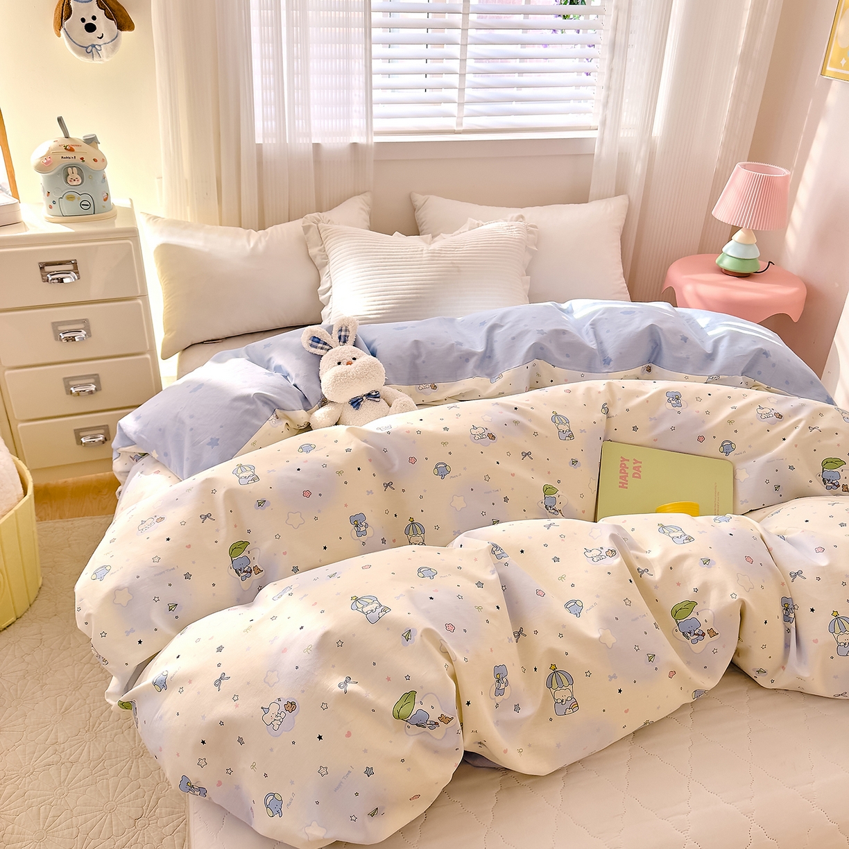 91家纺网 家纺一手货源 找家纺 DoDo 兜兜 2026年全棉纯棉可爱卡通单被套 被套单件 蓝色小象