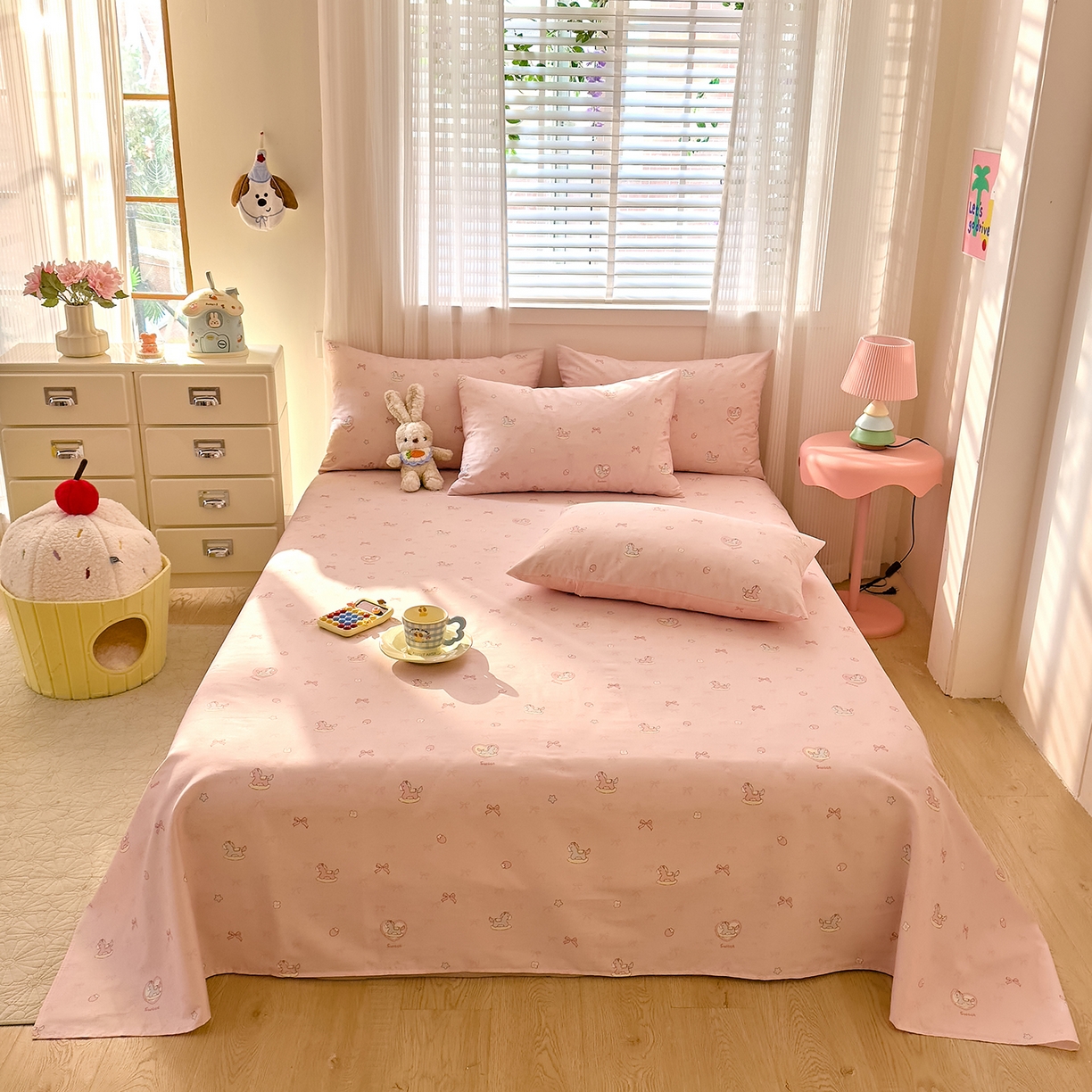 91家纺网 家纺一手货源 找家纺 DoDo 兜兜 2026年全棉纯棉可爱卡通单床单 床单单件 草莓小马-粉