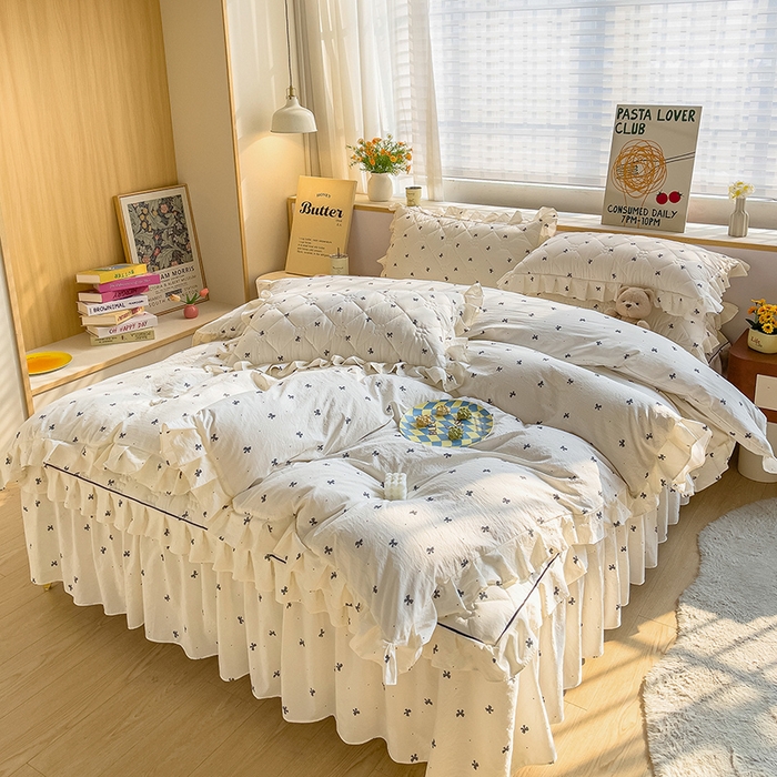 91家纺网 家纺一手货源 找家纺 （总）优家居工厂店 2026新款精仿棉夹棉床裙四件套水洗棉韩版公主风花边床裙被套直播外贸定制