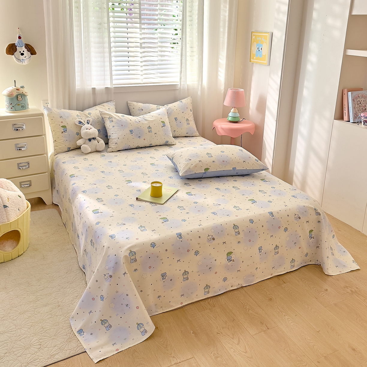 91家纺网 家纺一手货源 找家纺 DoDo 兜兜 2026年全棉纯棉可爱卡通单床单 床单单件 蓝色小象