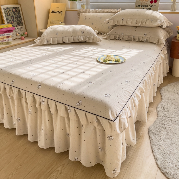 91家纺网 家纺一手货源 找家纺 优家居工厂店 2026新款精仿棉夹棉床裙四件套水洗棉韩版公主风花边床裙被套直播外贸定制 星星熊