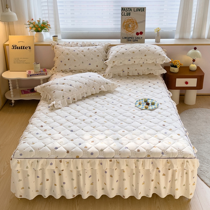 优家居工厂店 2026新款精仿棉夹棉床裙三件套水洗棉韩版公主风花边床裙直播外贸定制 贝贝南瓜