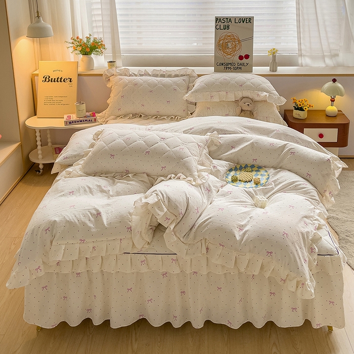 91家纺网 家纺一手货源 找家纺 优家居工厂店 2026新款精仿棉夹棉床裙三件套水洗棉韩版公主风花边床裙直播外贸定制 潘多拉-米