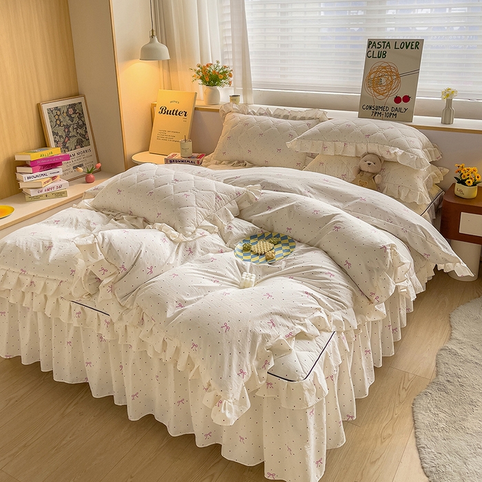 91家纺网 家纺一手货源 找家纺 优家居工厂店 2026新款精仿棉夹棉床裙三件套水洗棉韩版公主风花边床裙直播外贸定制 潘多拉-米