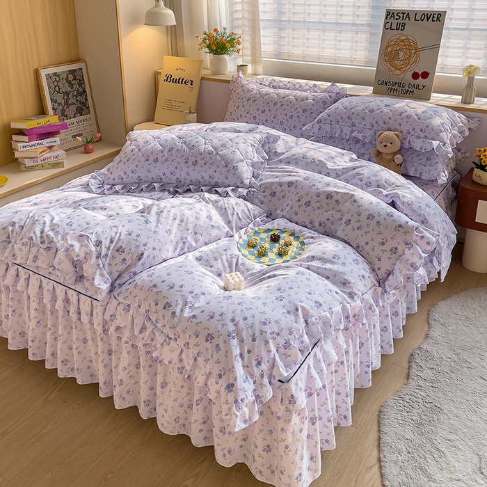 91家纺网 家纺一手货源 找家纺 优家居工厂店 2026新款精仿棉床裙四件套水洗棉韩版公主风花边床裙单被套直播外贸定制 情意绵绵