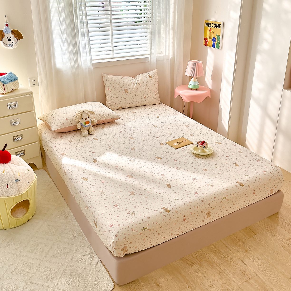 91家纺网 家纺一手货源 找家纺 DoDo 兜兜 2026年全棉纯棉可爱卡通单床笠 床笠单件 软软熊与欢欢狗