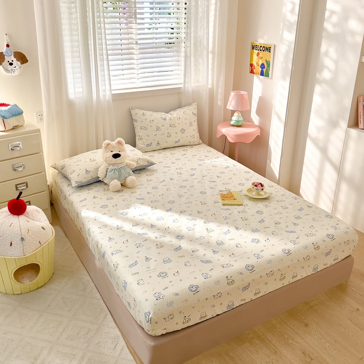 91家纺网 家纺一手货源 找家纺 DoDo 兜兜 2026年全棉纯棉可爱卡通单床笠 床笠单件 机灵猫