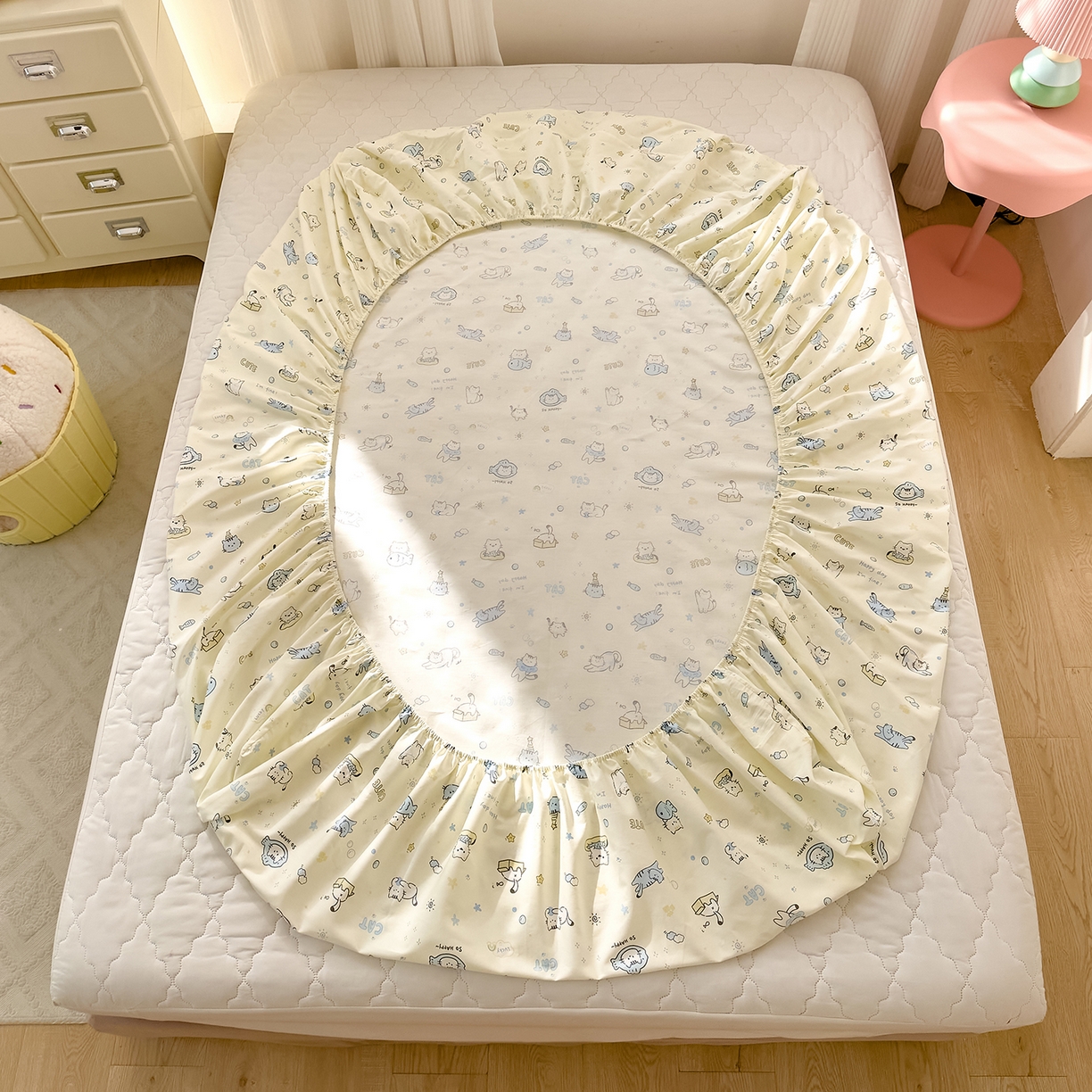 91家纺网 家纺一手货源 找家纺 DoDo 兜兜 2026年全棉纯棉可爱卡通单床笠 床笠单件 机灵猫