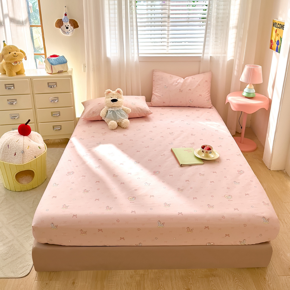 91家纺网 家纺一手货源 找家纺 DoDo 兜兜 2026年全棉纯棉可爱卡通单床笠 床笠单件 草莓小马-粉