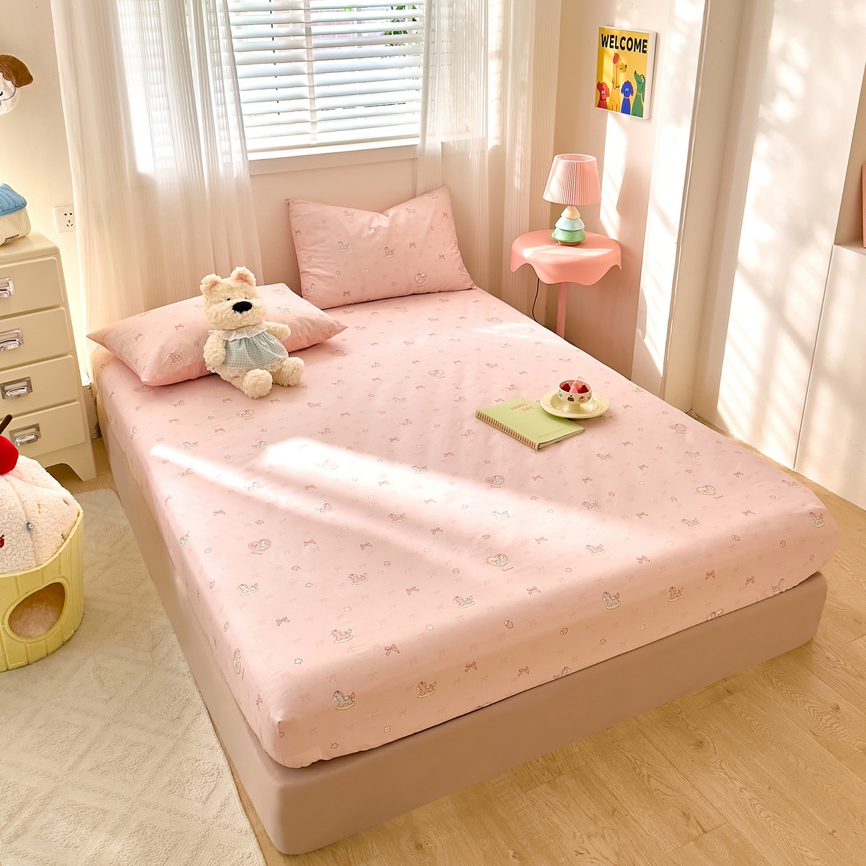 91家纺网 家纺一手货源 找家纺 DoDo 兜兜 2026年全棉纯棉可爱卡通单床笠 床笠单件 草莓小马-粉