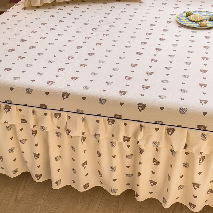 91家纺网 家纺一手货源 找家纺 优家居工厂店 2026新款精仿棉床裙四件套水洗棉韩版公主风花边床裙单被套直播外贸定制 爱心熊