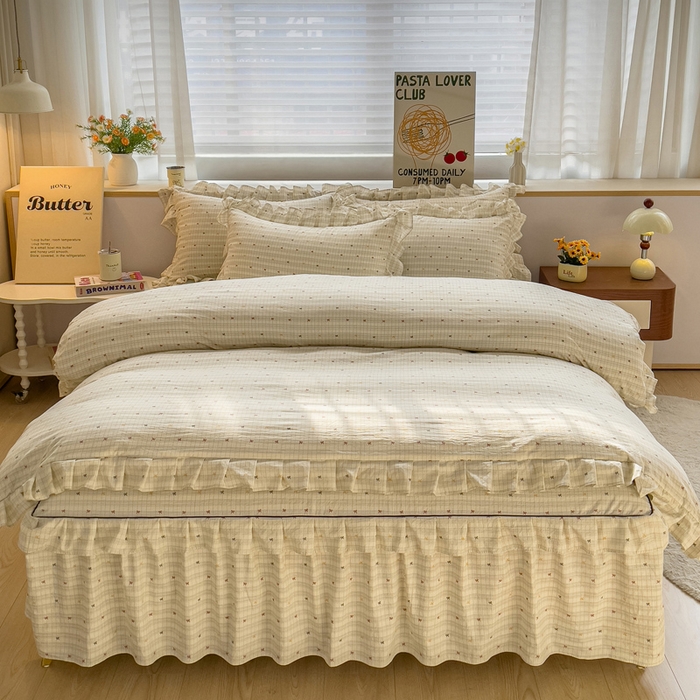 优家居工厂店 2026新款精仿棉床裙四件套水洗棉韩版公主风花边床裙单被套直播外贸定制 北岛之恋