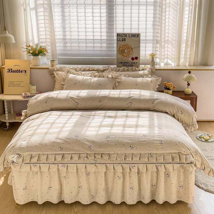 优家居工厂店 2026新款精仿棉床裙四件套水洗棉韩版公主风花边床裙单被套直播外贸定制 星星熊