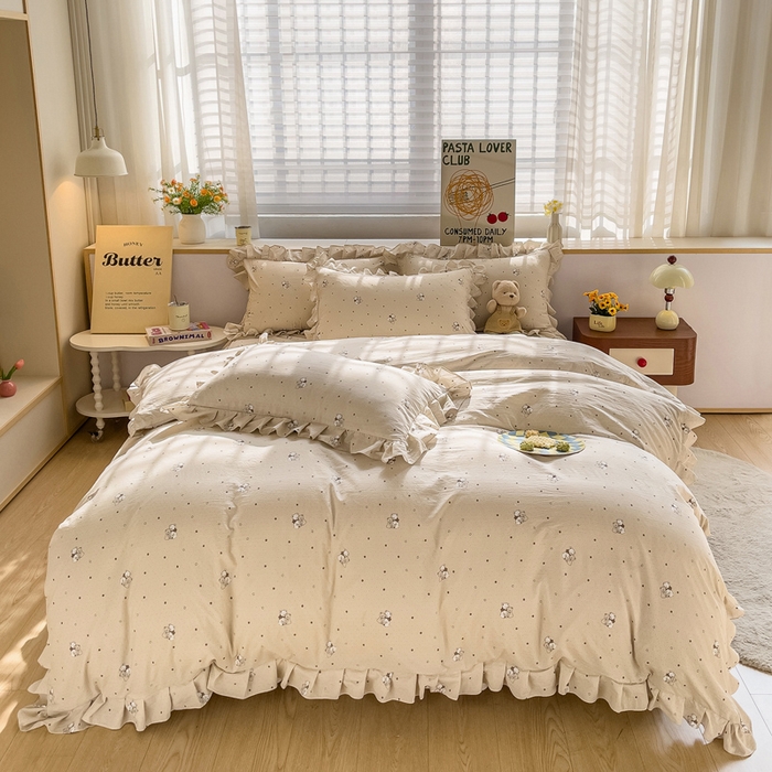 91家纺网 家纺一手货源 找家纺 优家居工厂店 2026新款精仿棉床裙四件套水洗棉韩版公主风花边床裙单被套直播外贸定制 星星熊