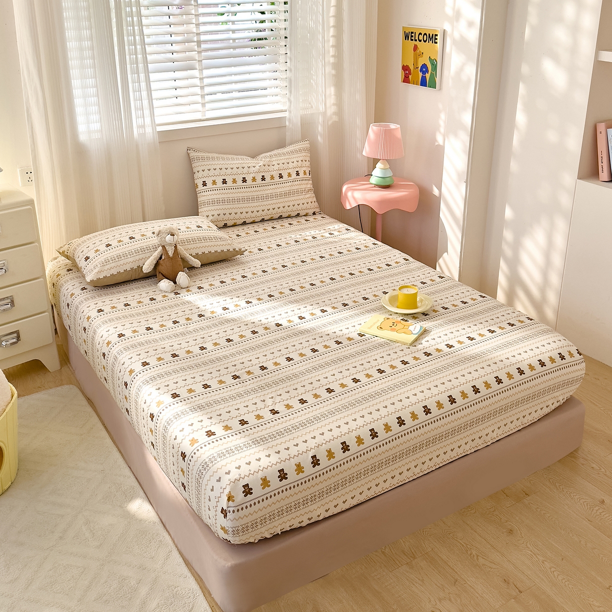 91家纺网 家纺一手货源 找家纺 DoDo 兜兜 2026年全棉纯棉可爱卡通单床笠 床笠单件 费尔岛小熊