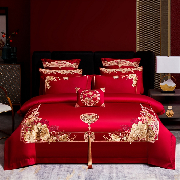 91家纺网 家纺一手货源 找家纺 红番天婚庆 2026新款全棉刺绣新中式婚庆四件套多件套 禧绣盈门-金