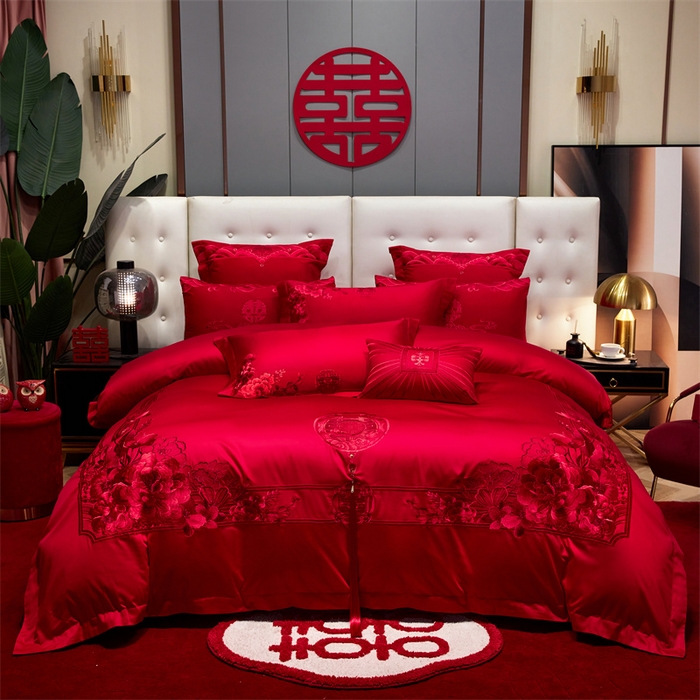 91家纺网 家纺一手货源 找家纺 红番天婚庆 2026新款全棉刺绣新中式婚庆四件套多件套 禧绣盈门-红-时尚