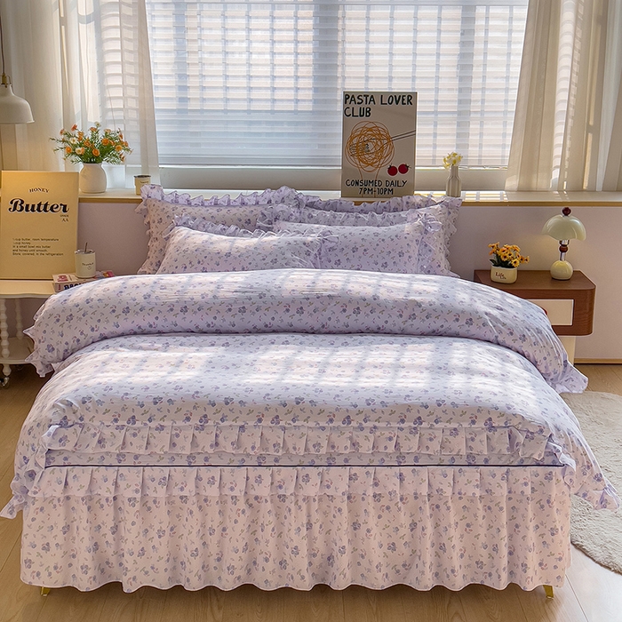 91家纺网 家纺一手货源 找家纺 优家居工厂店 2026新款精仿棉床裙三件套水洗棉韩版公主风花边床裙直播外贸定制 情意绵绵