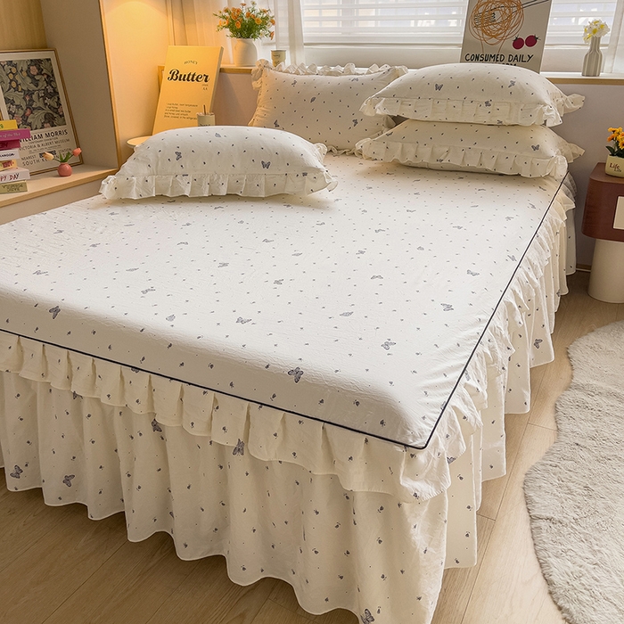 91家纺网 家纺一手货源 找家纺 优家居工厂店 2026新款精仿棉床裙三件套水洗棉韩版公主风花边床裙直播外贸定制 蝶舞翩翩