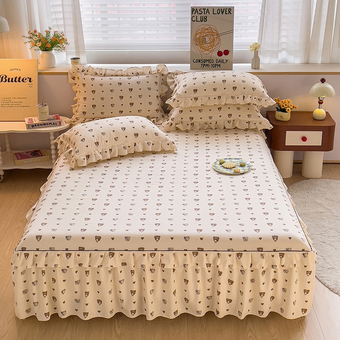 优家居工厂店 2026新款精仿棉床裙三件套水洗棉韩版公主风花边床裙直播外贸定制 爱心熊