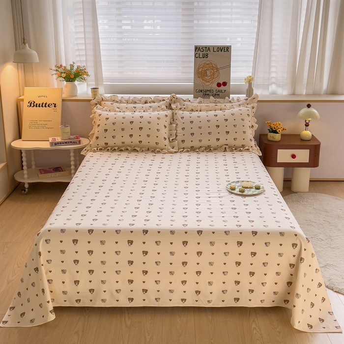 91家纺网 家纺一手货源 找家纺 优家居工厂店 2026新款精仿棉床裙三件套水洗棉韩版公主风花边床裙直播外贸定制 爱心熊