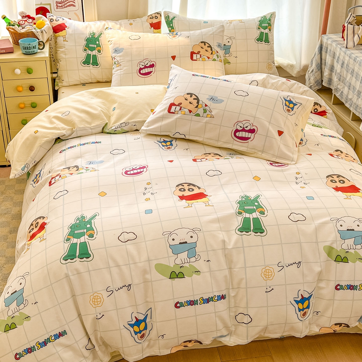 91家纺网 家纺一手货源 找家纺 浩诚 2026新款蜡笔小新正版授权全棉卡通四件套 方格小新