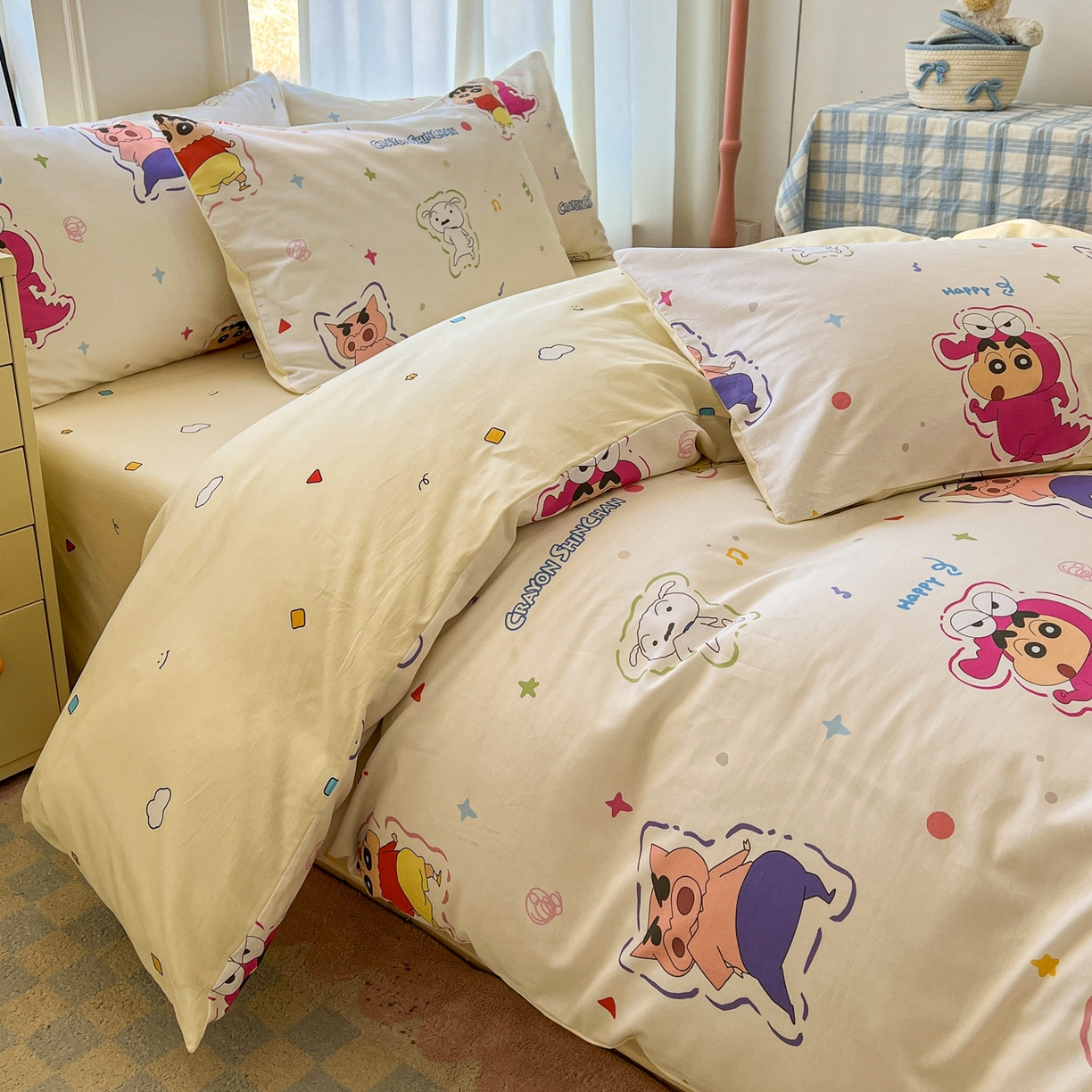 91家纺网 家纺一手货源 找家纺 浩诚 2026新款蜡笔小新正版授权全棉卡通四件套 圈圈小新