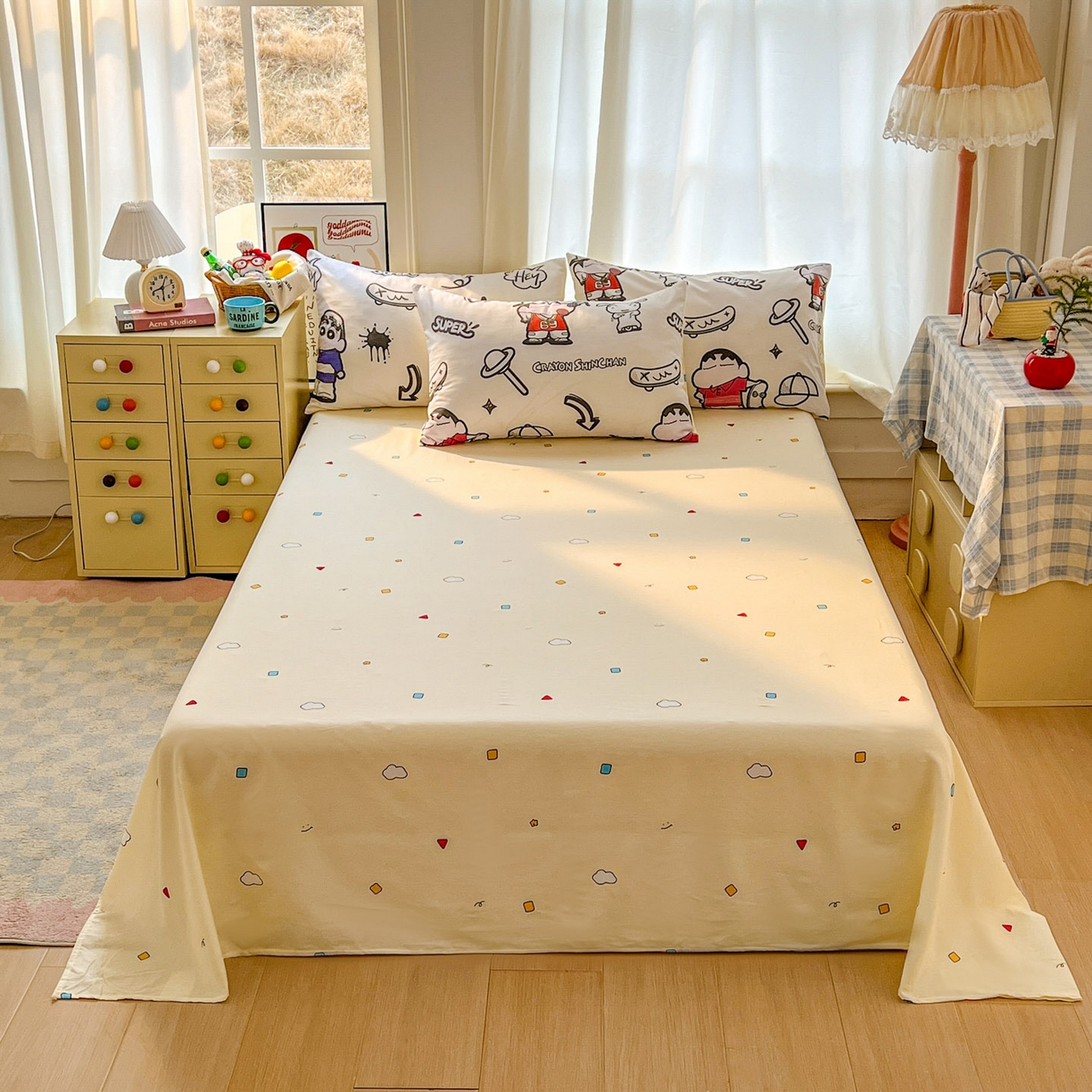 91家纺网 家纺一手货源 找家纺 浩诚 2026新款蜡笔小新正版授权全棉卡通四件套 滑板小新