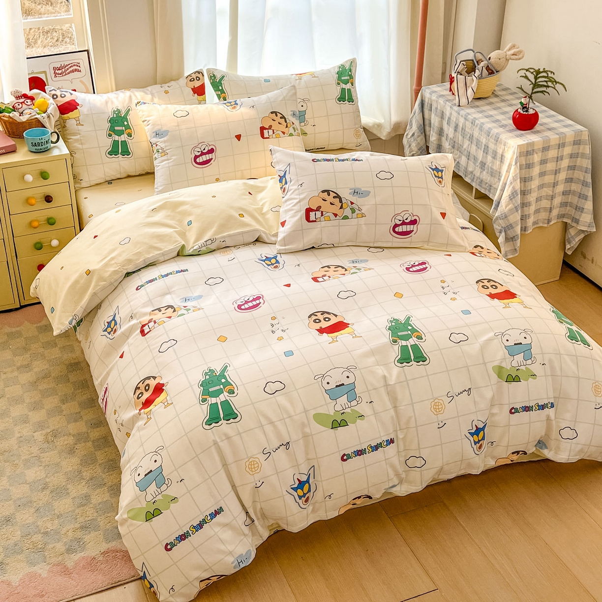 91家纺网 家纺一手货源 找家纺 浩诚 2026新款蜡笔小新正版授权全棉卡通四件套 方格小新