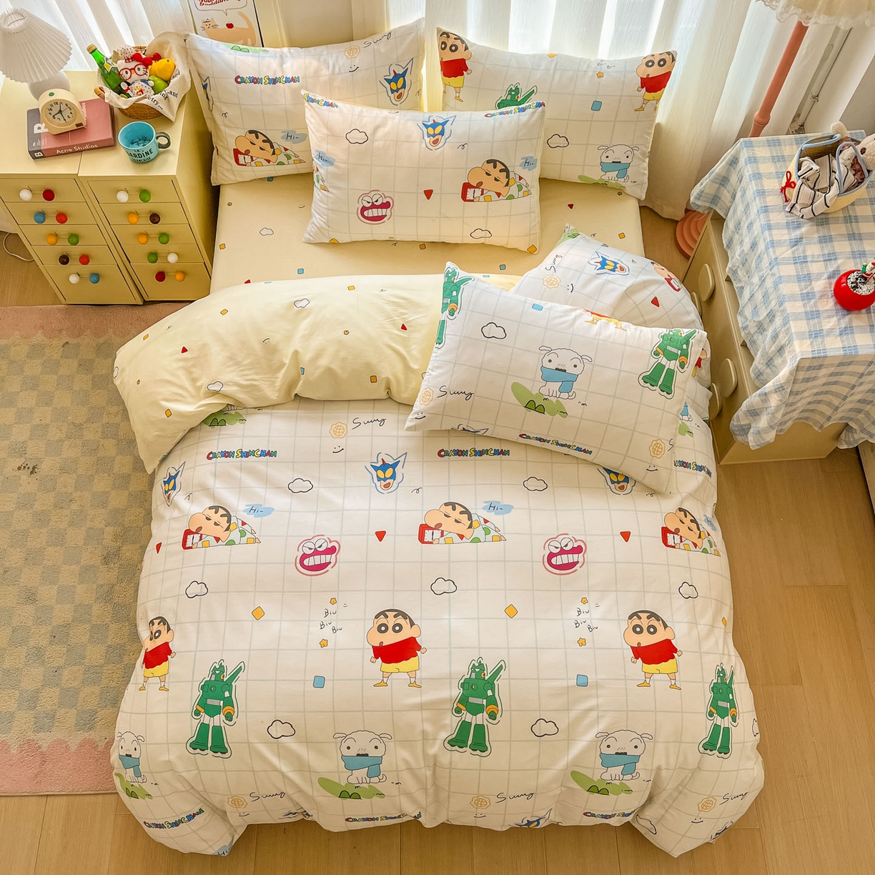 91家纺网 家纺一手货源 找家纺 浩诚 2026新款蜡笔小新正版授权全棉卡通四件套 方格小新