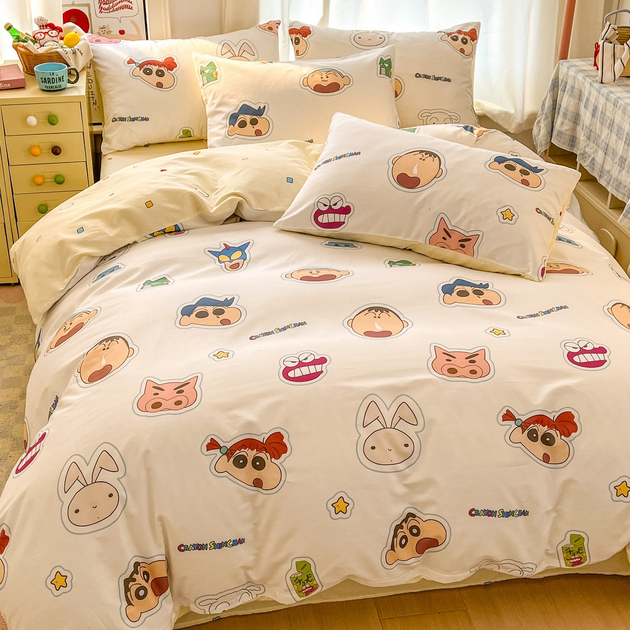 91家纺网 家纺一手货源 找家纺 浩诚 2026新款蜡笔小新正版授权全棉卡通四件套 小新乐园