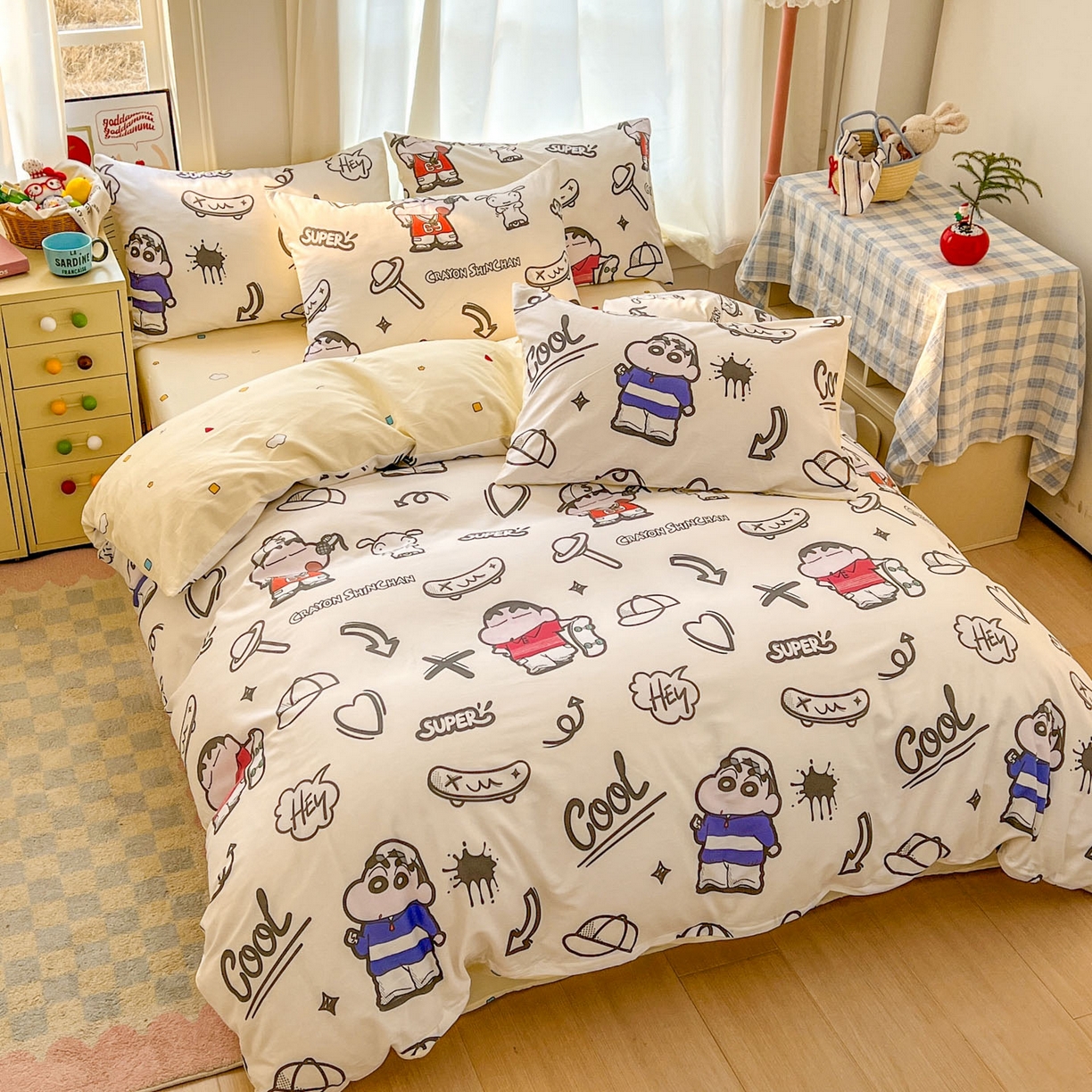 91家纺网 家纺一手货源 找家纺 浩诚 2026新款蜡笔小新正版授权全棉卡通四件套 滑板小新