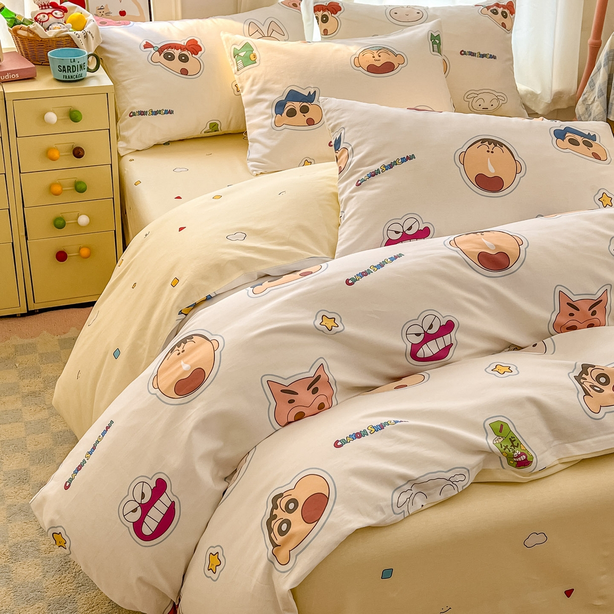 91家纺网 家纺一手货源 找家纺 浩诚 2026新款蜡笔小新正版授权全棉卡通四件套 小新乐园