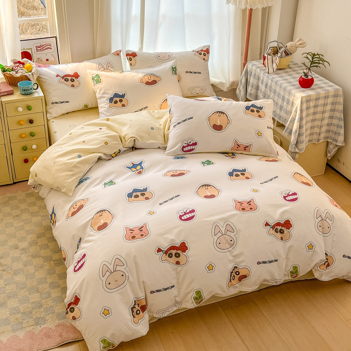 91家纺网 家纺一手货源 找家纺 浩诚 2026新款蜡笔小新正版授权全棉卡通四件套 小新乐园